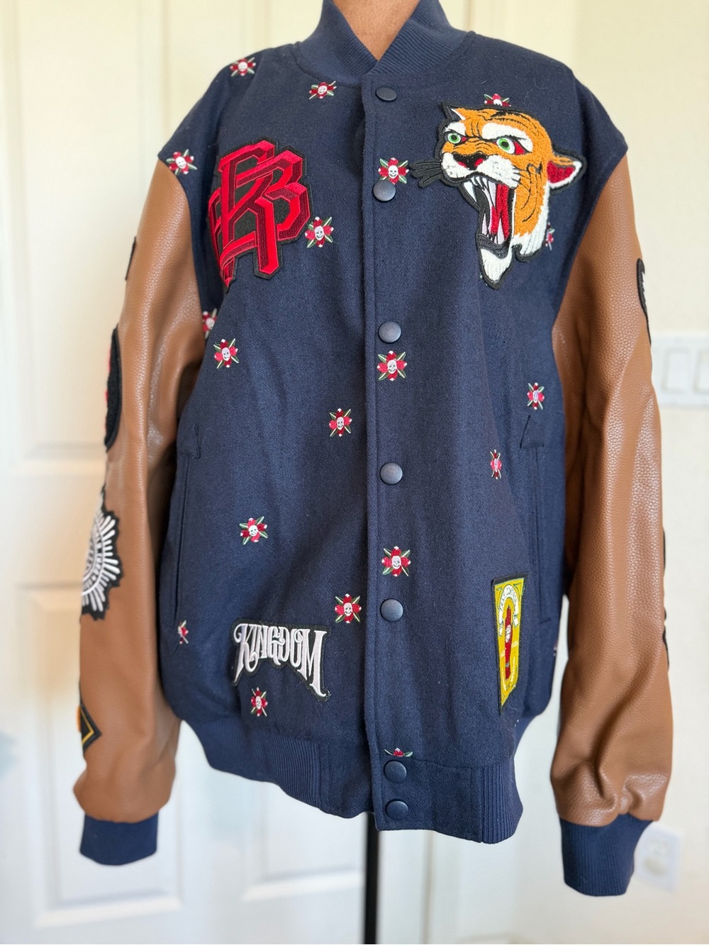 Reason Navy and Brown Varsity Bomber Jacket with Patches